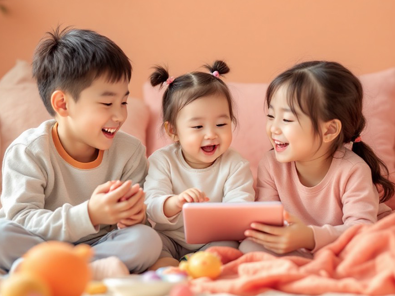暖かい雰囲気の中、タブレットを手に楽しそうに笑っている3人の子どもたち